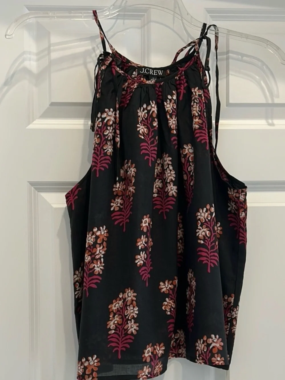 J. CREW NWT Tie-shoulder tank top in black block-print cotton size L